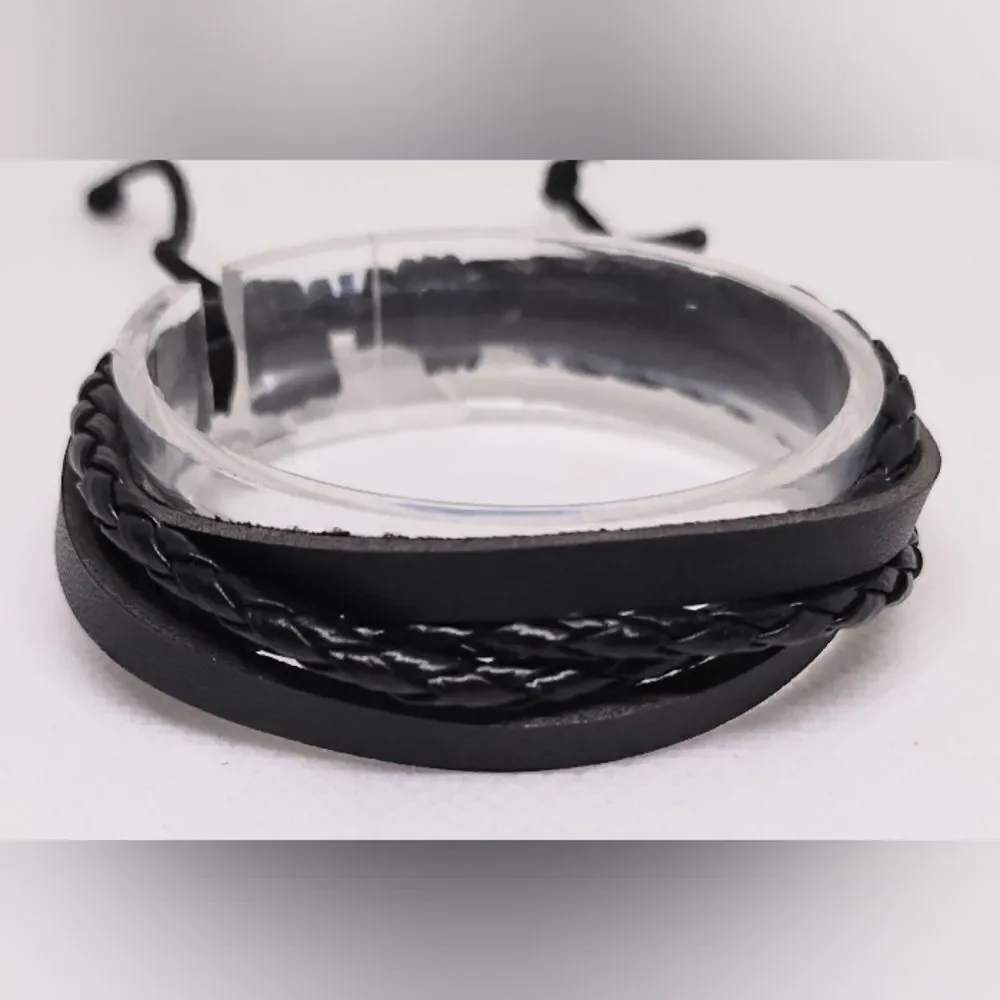 Men's leather bracelet braided layered black new e50‎
